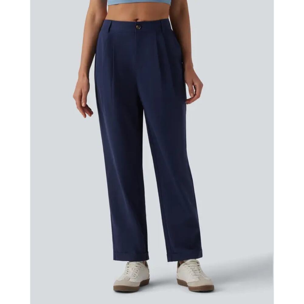 Halara Mid Rise Pleated Rolled Hem Pants XL Navy Stretch Poplin Tapered Pockets